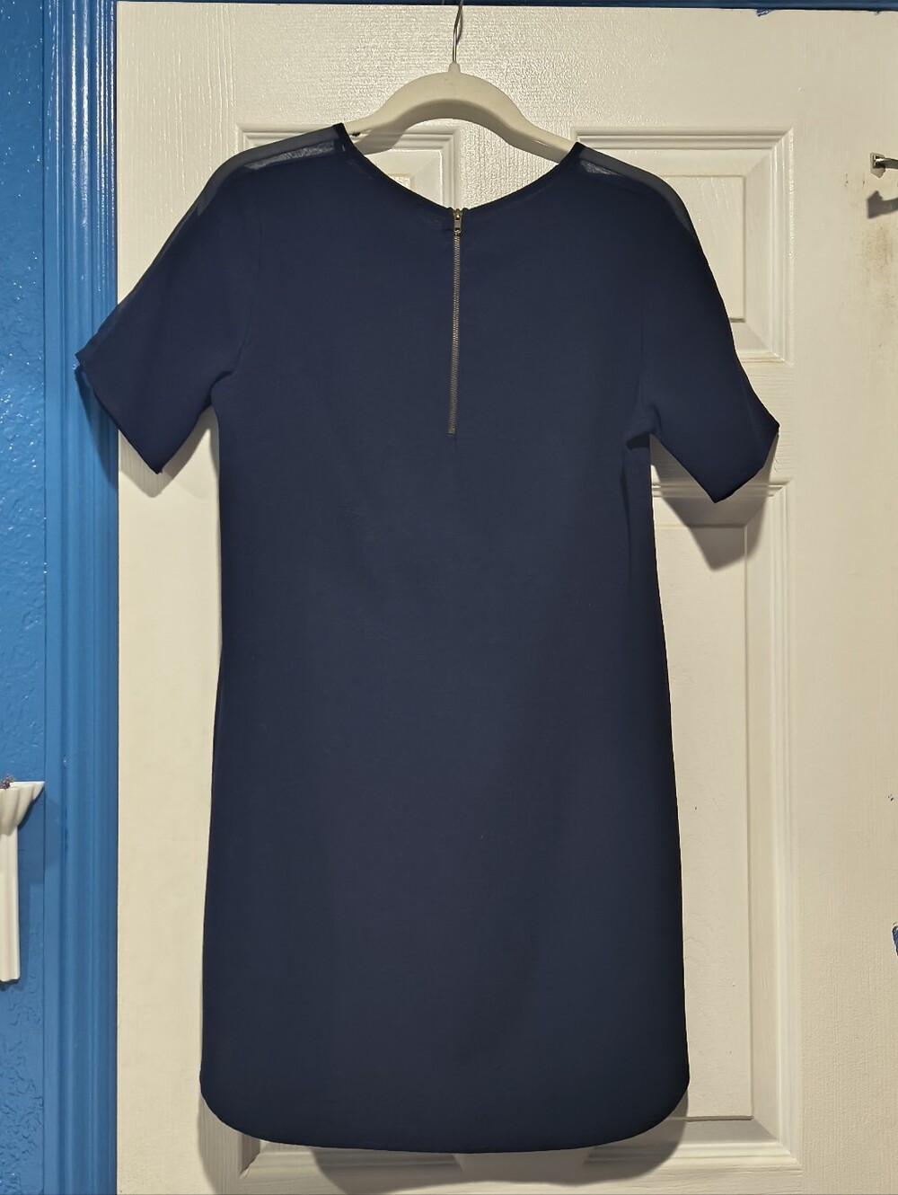Everly Navy Blue Sheer Mesh Shoulder Shift Dress Short Sleeve Size S - Picture 7 of 8